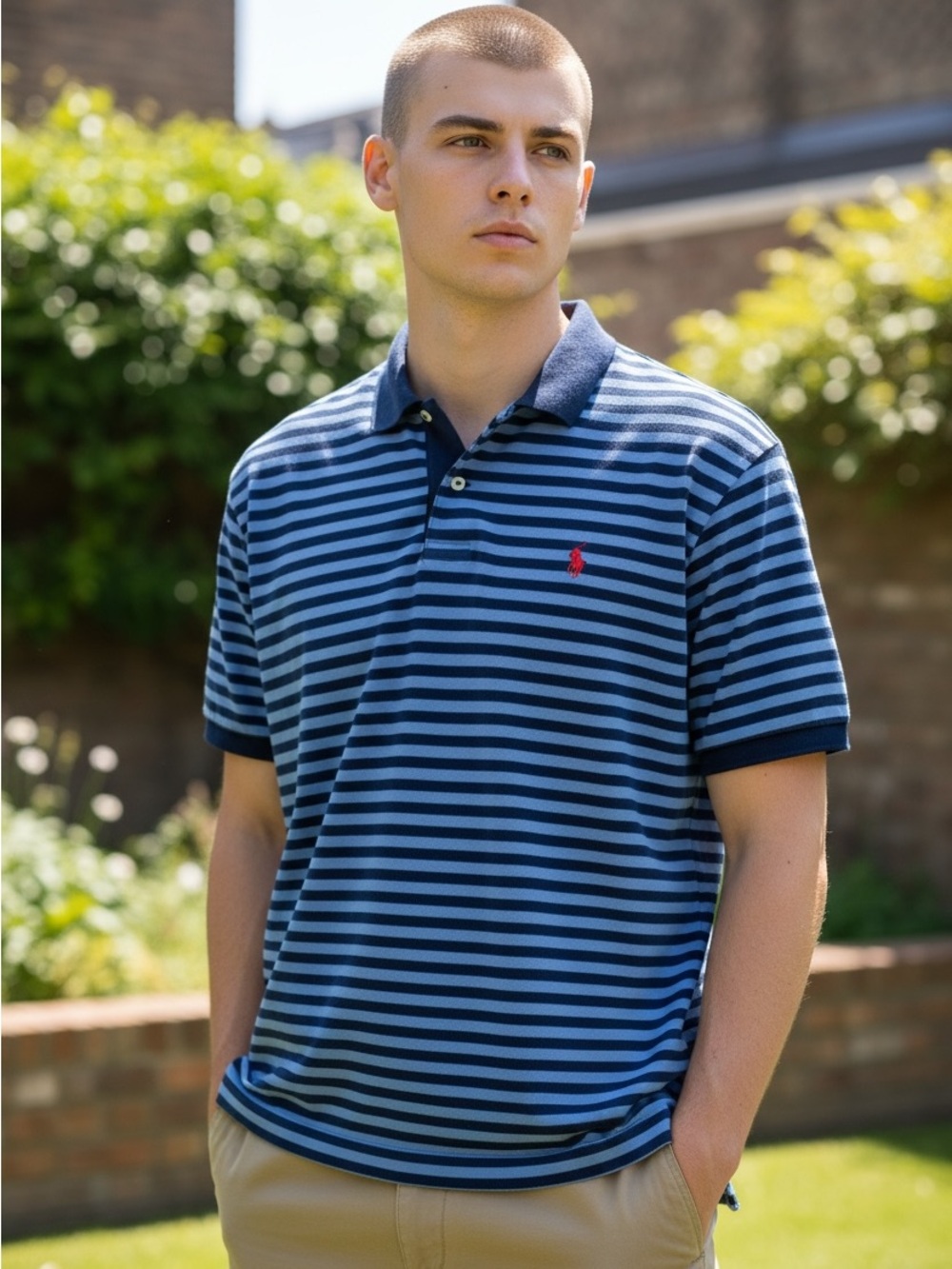 Ralph Lauren Men’s Navy and Light Blue Striped Polo with Red Pony